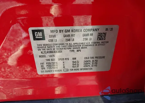 2020 Chevrolet Trax Fwd Ls z USA, uszkodzony, nr VIN KL7CJKSB6LB353854